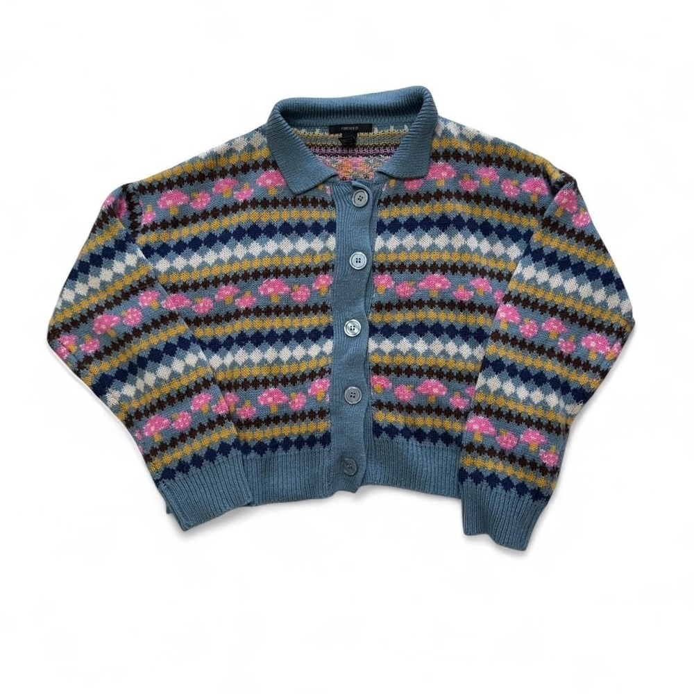 Forever 21 Mushroom Pattern Collared Cardigan, Blue Multi, Size Large